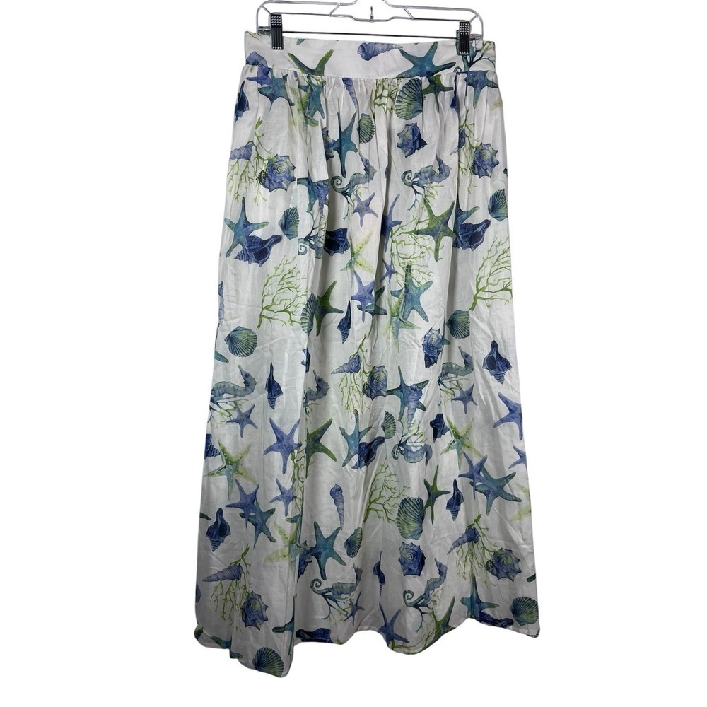 New ELIE TAHARI Sz L Skirt Maxi Sea Life Shell Seahorse White Blue Beach NWT